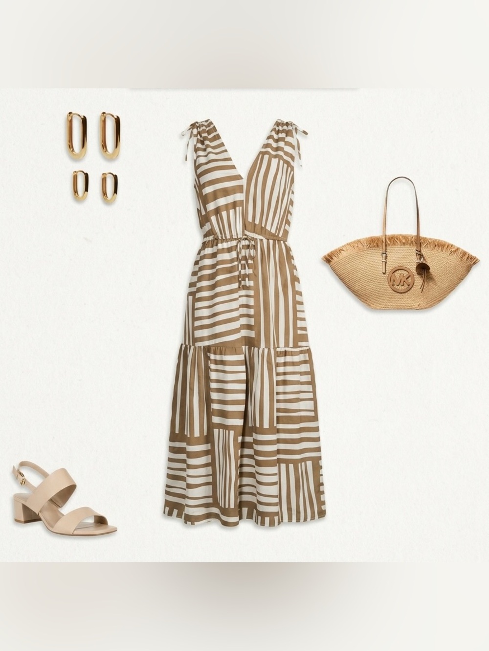 Calvin Klein Brown & White Striped Midi Dress, Tie Straps & Pockets, Sz 12